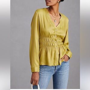 By Anthropologie Smocked Satin Blouse V neckline peplum 100% viscose size Small